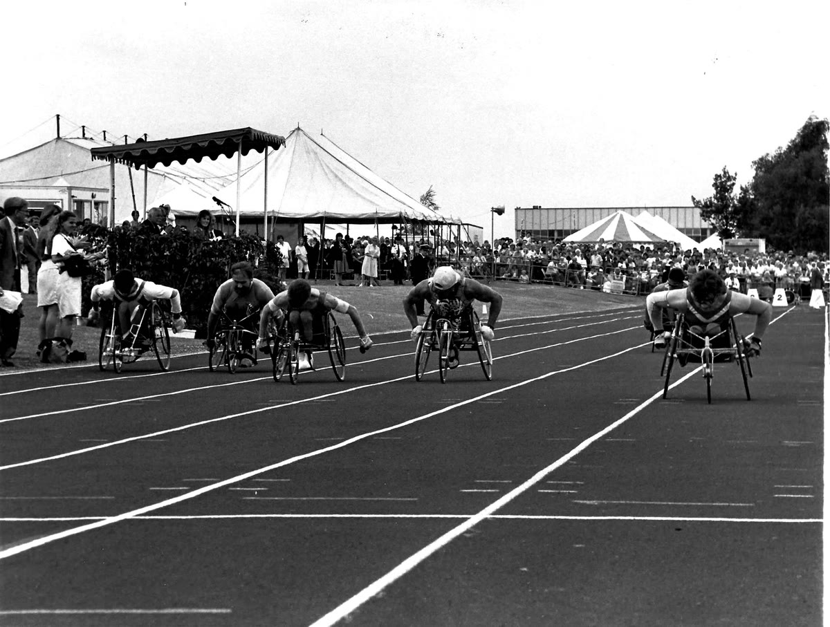 Greg Speed racing at the 1990 Stoke Mandeville World Wheelchair Games