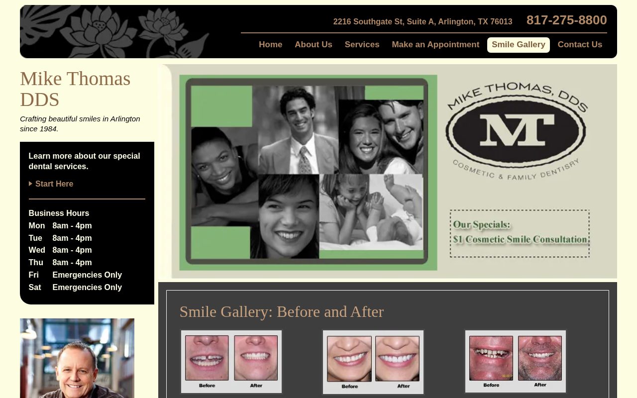 Mike Thomas DDS Smile Gallery on a desktop screen after the rebuild, showing before-and-after smile photos.