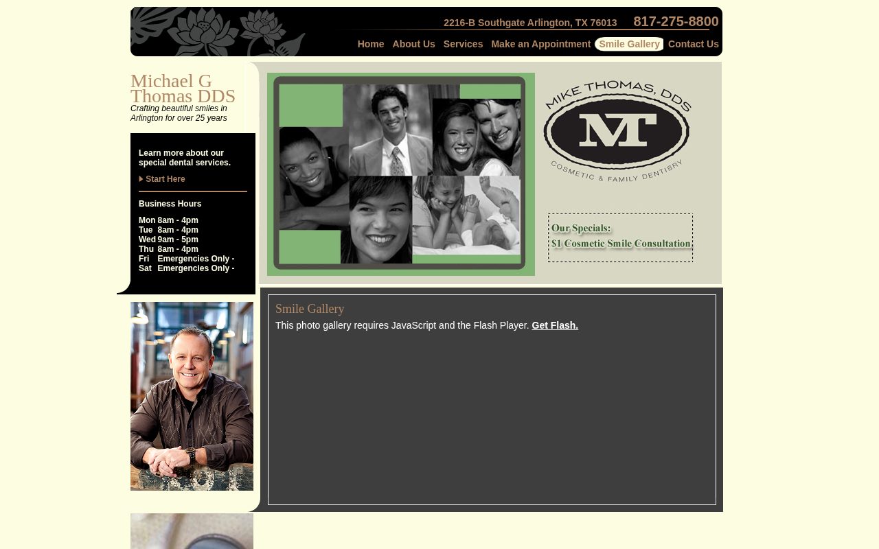 Mike Thomas DDS Smile Gallery on a desktop screen before the rebuild, showing a message that the Flash Player is required.