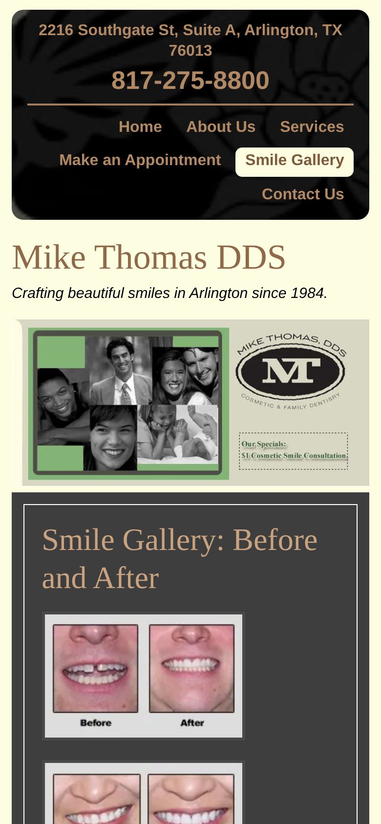 Mike Thomas DDS Smile Gallery on a phone after the rebuild, showing before-and-after smile photos at full width.