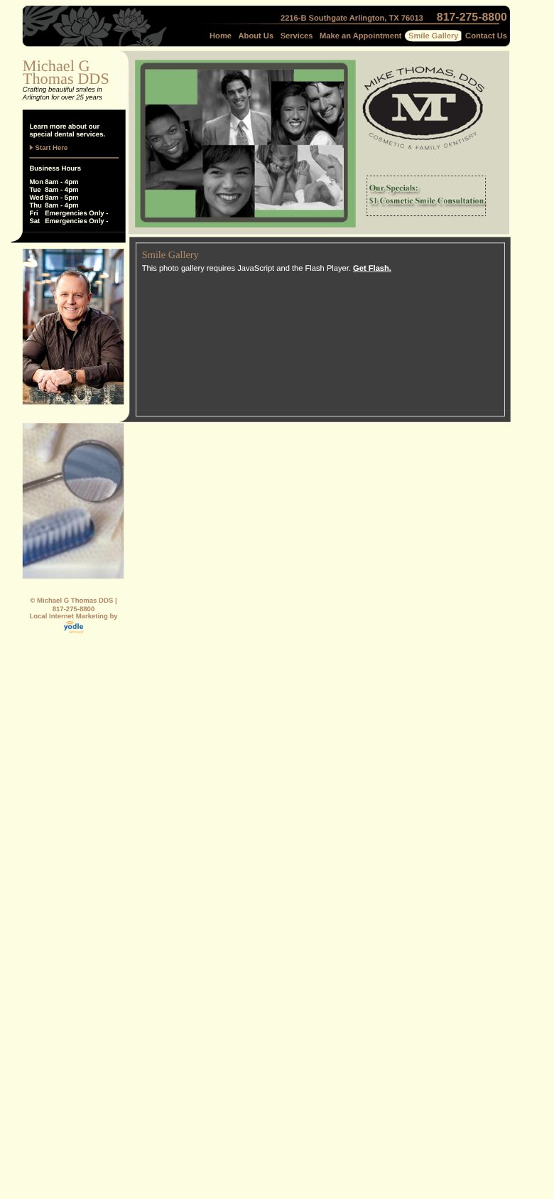 Mike Thomas DDS Smile Gallery on a phone before the rebuild, showing a Flash Player message on a shrunken page.