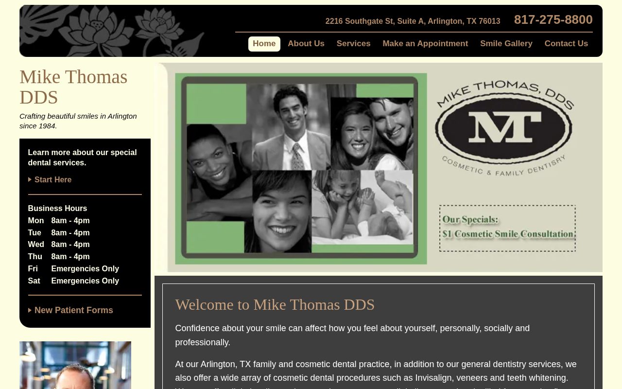 Mike Thomas DDS home page on a desktop screen after the Speedsoft rebuild, with the same design.