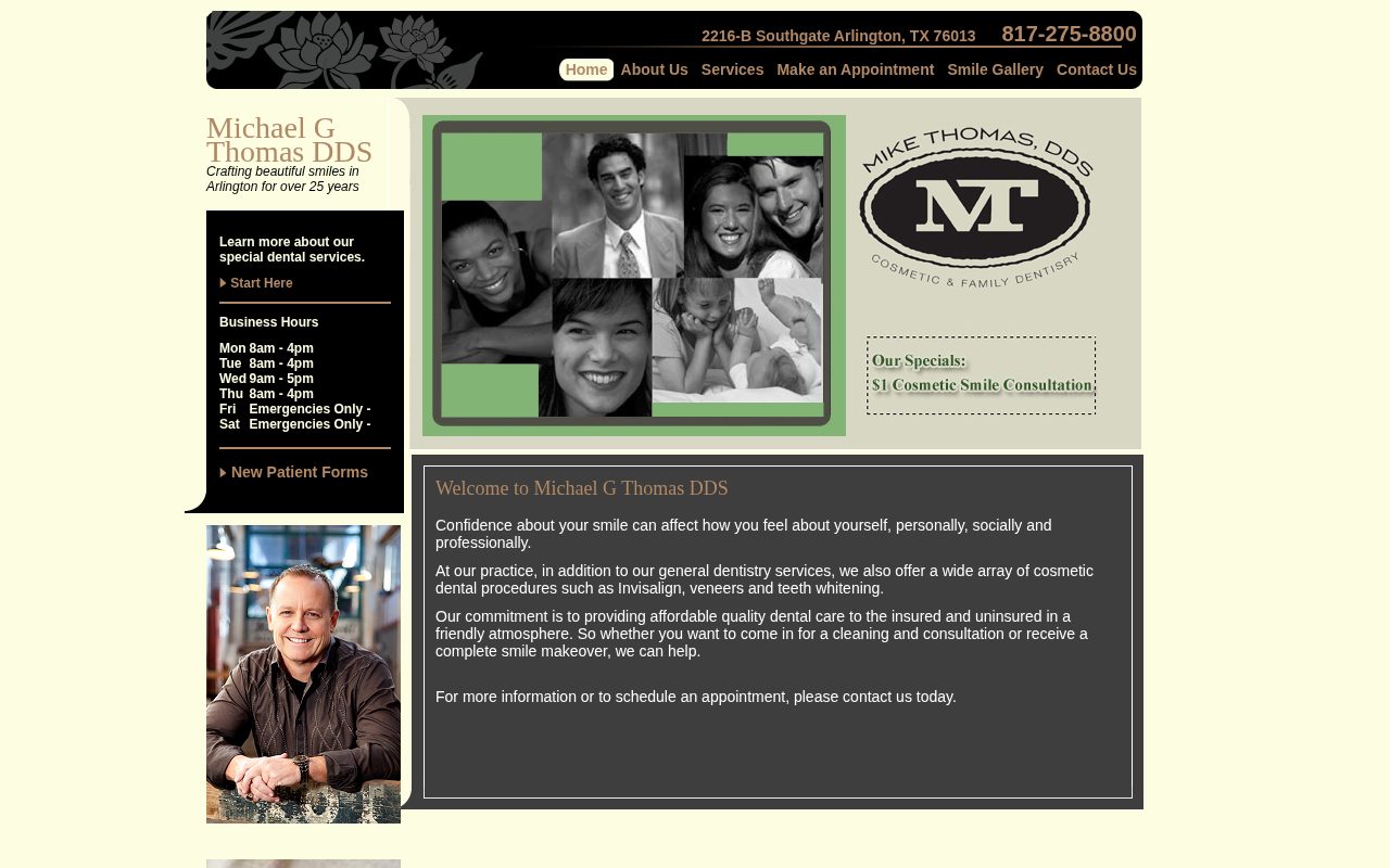 Mike Thomas DDS home page on a desktop screen before the Speedsoft rebuild.