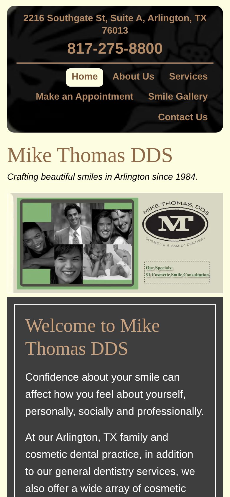 Mike Thomas DDS home page on a phone after the rebuild, with the same design laid out to fit the screen.