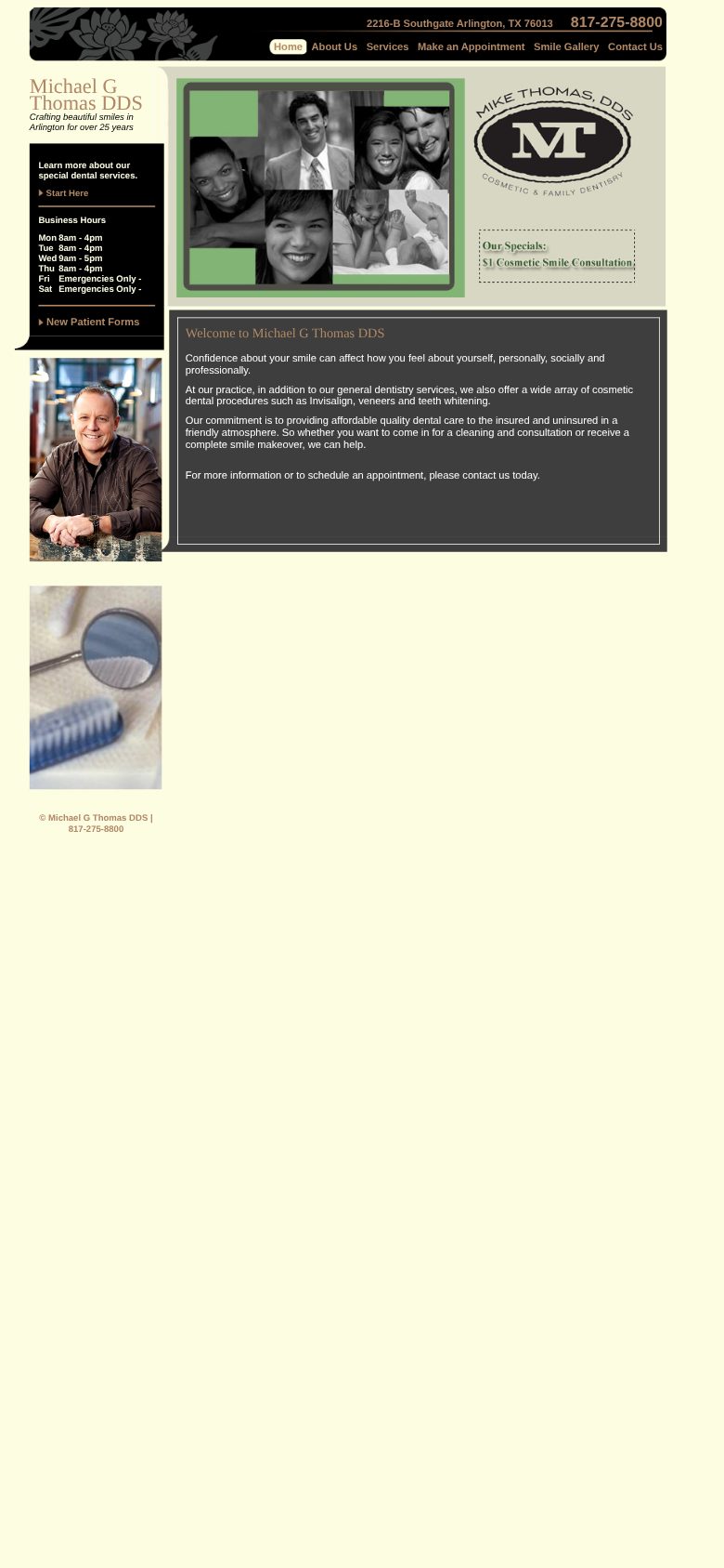Mike Thomas DDS home page on a phone before the rebuild, showing the desktop page shrunk to fit with tiny text.