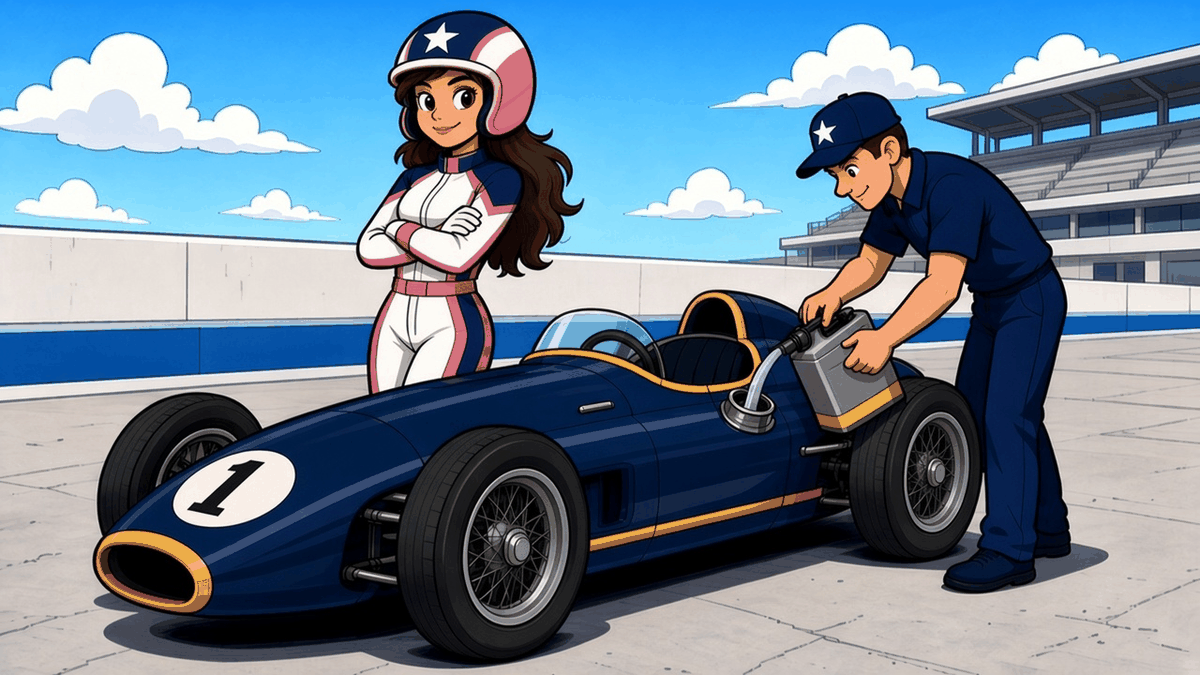 Fueling up: Speedy, the Speedsoft racer, stands arms crossed beside her blue number 1 car while a pit crew member pours in fuel.